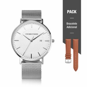 Relógio Classic Delaware com mostrador branco - e Pack de Bracelete em pele Castanha