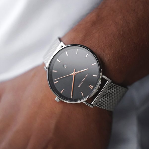 Relógio para homem em aço inoxidável - Relógio TwoBrothers - Relógio Classic Lander - Relógio de metal com mostrador preto - Relógio elegante masculino