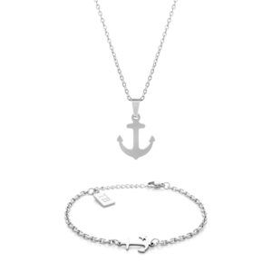 Conjunto de Colar e Pulseira para Mulher em aço inoxidável - Twobrothers - Conjunto Pulseira Sailor Woman e Colar Positano - Elegância - Conjunto de pulseira e colar com âncora - Conjunto feminino
