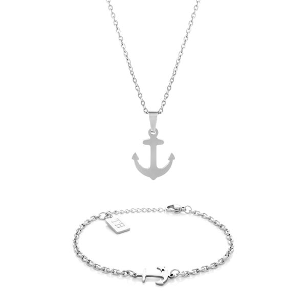 Conjunto de Colar e Pulseira para Mulher em aço inoxidável - Twobrothers - Conjunto Pulseira Sailor Woman e Colar Positano - Elegância - Conjunto de pulseira e colar com âncora - Conjunto feminino