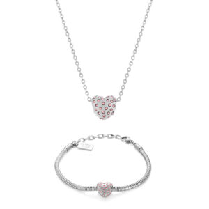 Conjunto de pulseira e colar Valérie para mulher com pendente de coração em aço inoxidável da marca Portuguesa Twobrothers. Conjunto de acessórios femininos com coração com brilhantes cor de rosa.