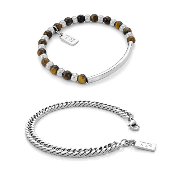 Conjunto de Pulseiras para homem em aço inoxidável e com pedras naturais olho de tigre. Conjunto pulseira Detroit e Pulseira Culver da marca Twobrothers em Portugal