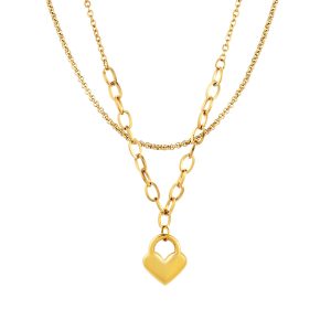 Colar Kimberly Gold de fio duplo em aço inoxidável dourado com pendente em forma de coração para Mulher, produzido pela marca portuguesa Twobrothers.