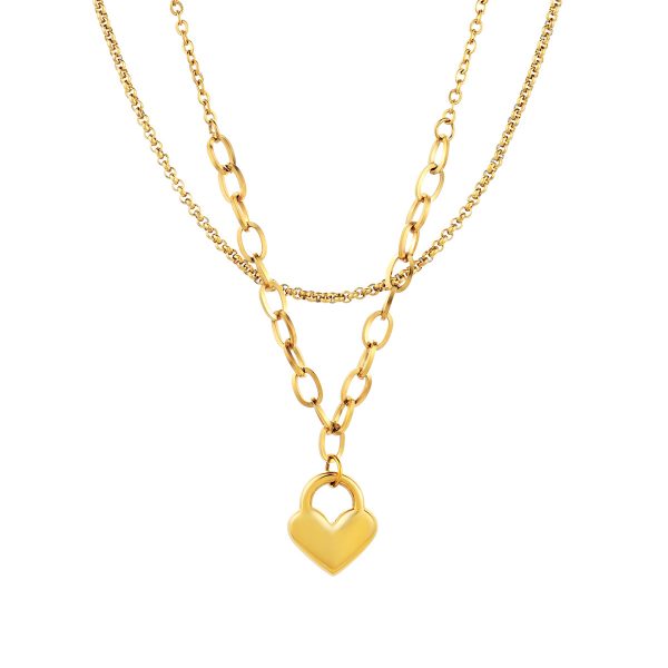 Colar Kimberly Gold de fio duplo em aço inoxidável dourado com pendente em forma de coração para Mulher, produzido pela marca portuguesa Twobrothers.
