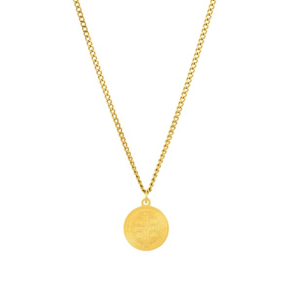 Verso do colar Monterey Gold, em aço inoxidável dourado para homem com medalha Saint Benedict da marca Portuguesa Twobrothers