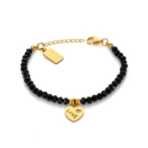 Pulseira Stone Love Gold com pedras naturais pretas e pendente em forma de Coração Love Dourado para Mulher em aço inoxidável da marca Twobrothers.