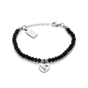 Pulseira Stone Love com pedras naturais pretas e pendente em forma de Coração Love para Mulher em aço inoxidável da marca Twobrothers.