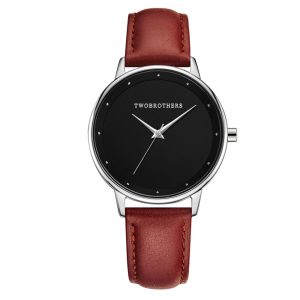 Relógio Classy Ayla Brown em aço inoxidável para mulher com mostrador preto elegante e bracelete em pele genuína castanha da marca portuguesa Twobrothers