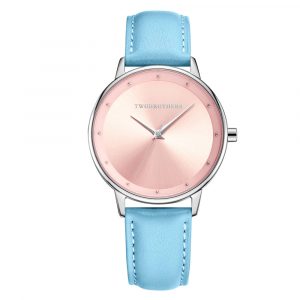 Relógio Classy Evelyn Blue em aço inoxidável e bracelete de pele azul para mulher com mostrador cor de rosa elegante da marca portuguesa Twobrothers