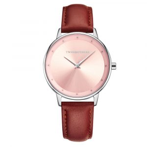 Relógio Classy Evelyn Brown em aço inoxidável e bracelete de pele castanha para mulher com mostrador cor de rosa elegante da marca portuguesa Twobrothers