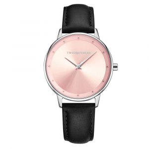 Relógio Classy Evelyn Dark em aço inoxidável e bracelete de pele preta para mulher com mostrador cor de rosa elegante da marca portuguesa Twobrothers