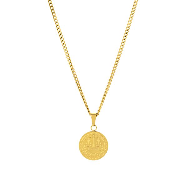 Colar Justice Gold para homem em aço inoxidável dourado e com medalha simbólica da balança da justiça.
