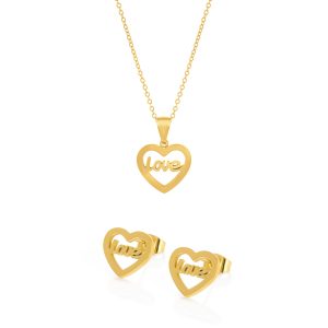 Conjunto de Colar e Brincos Heart Love Gold para mulher produzidos em aço inoxidável dourado pela marca Portuguesa Twobrothers.