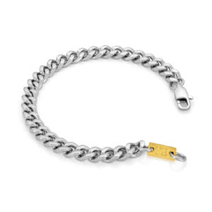 Pulseira Alpine Gold para homem em aço inoxidável brilhante com pormenor do detalhe da chapa da marca TB em dourado para um estilo impactante pela marca twobrothers em portugal.