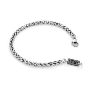 Pulseira Collin Dark para homem em aço inoxidável prateado com detalhe da chapa da marca TB em aço escurecido para um estilo simples e discreto da marca twobrothers em portugal.