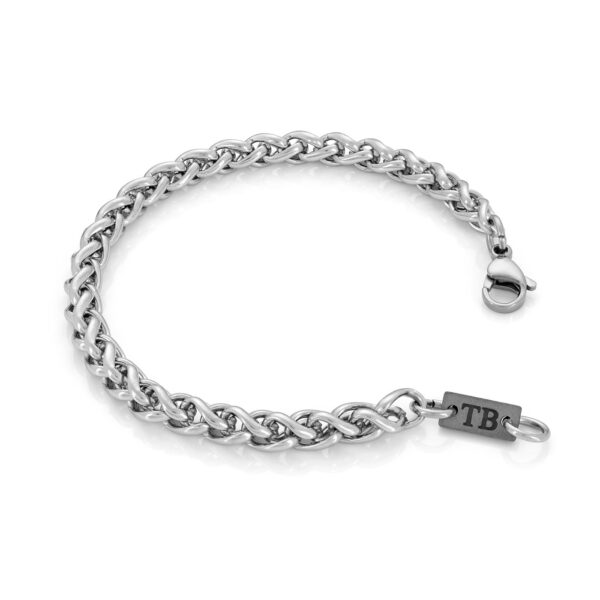 Pulseira Wayne Dark para homem em aço inoxidável prateado com detalhe da chapa da marca TB em aço escurecido da marca twobrothers em portugal.