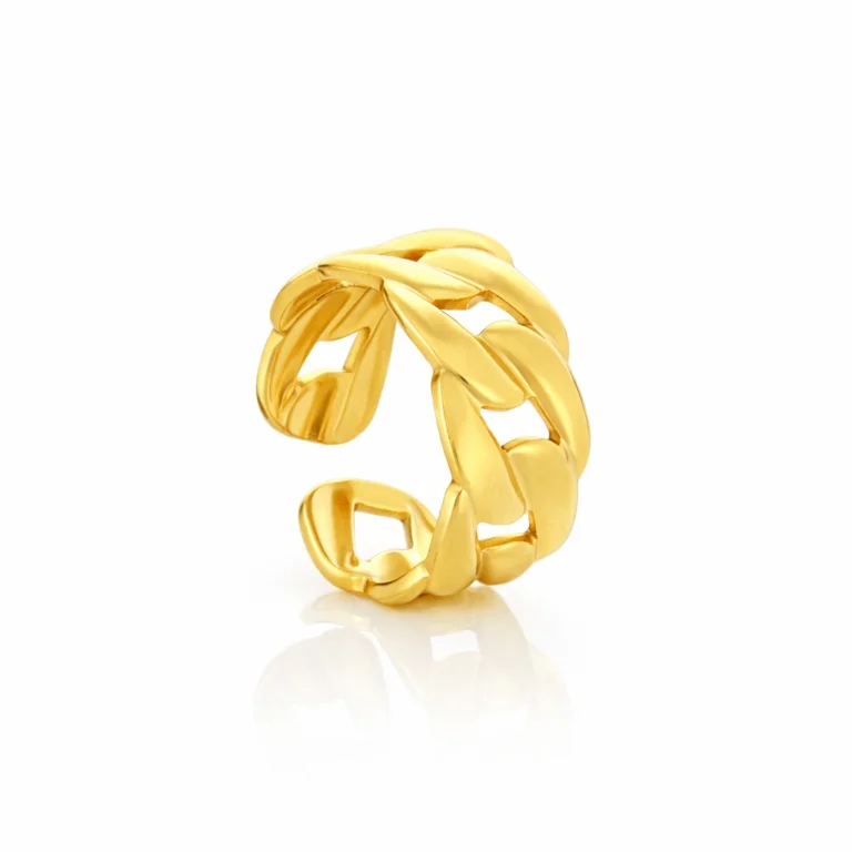 Anel Anna Gold para mulher em aço inoxidável polido em dourado, estilo corrente, e ajustável ao dedo da marca Twobrothers.