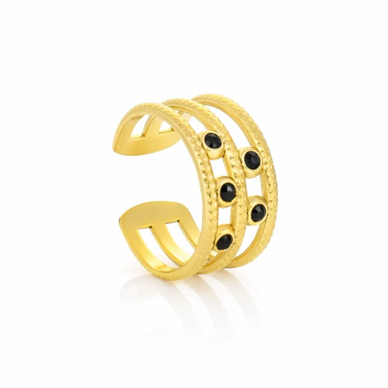 Anel em aço inoxidável dourado, para mulher, com acabamento polido e elementos de detalhe em preto da marca Twobrothers em Portugal.