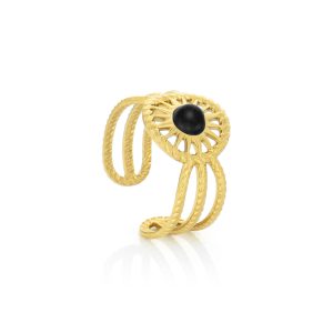 Anel para mulher em aço inoxidável com acabamento polido dourado e com pedra preta elegante no centro, da marca Twobrothers.