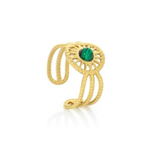 Anel para mulher em aço inoxidável com acabamento polido dourado e com pedra verde elegante no centro, da marca Twobrothers.
