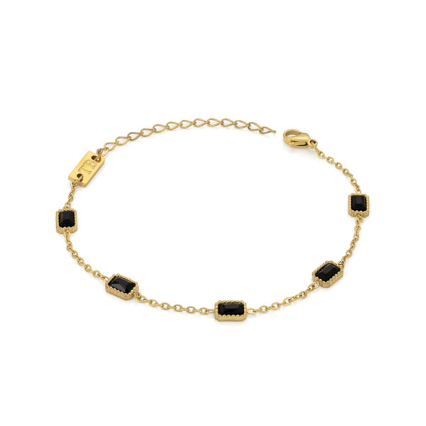 Pulseira discreta para mulher Elisa Gold em aço inoxidável dourado com pedras pretas da marca Twobrothers.