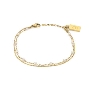 Pulseira para mulher em aço inoxidável com fio duplo dourado e pérolas brancas da marca Twobrothers.