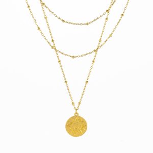 Frente do colar triplo em aço inoxidável dourado, para mulher, com medalha do Sol e da Lua produzido pela Twobrothers