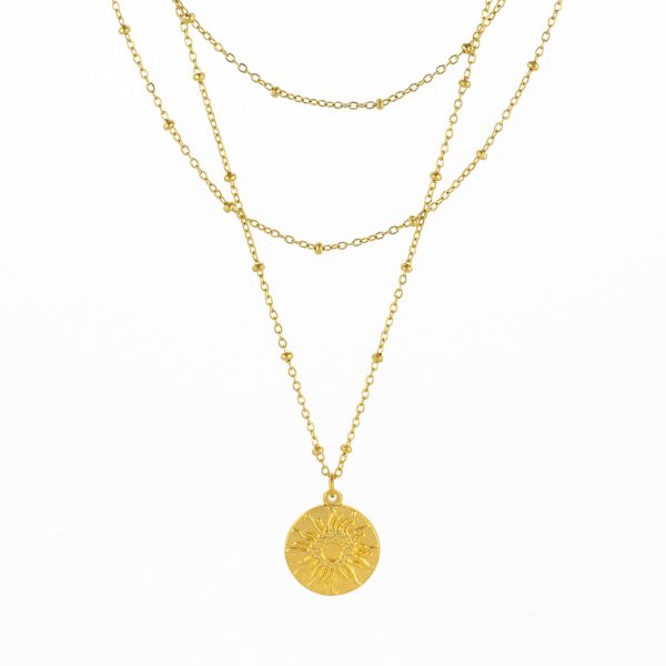 Frente do colar triplo em aço inoxidável dourado, para mulher, com medalha do Sol e da Lua produzido pela Twobrothers