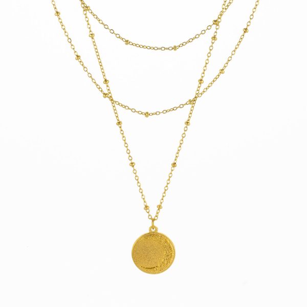 Verso da medalha do colar triplo em aço inoxidável dourado, para mulher, com medalha do Sol e da Lua produzido pela Twobrothers