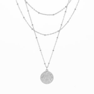 Frente do colar triplo em aço inoxidável prateado, para mulher, com medalha do Sol e da Lua produzido pela Twobrothers