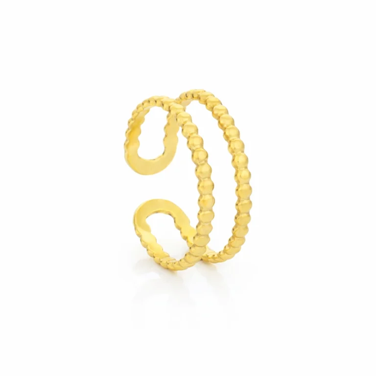 Anel duplo em aço inoxidável polido dourado, para mulher moderna e sofisticada, da marca Twobrothers - Anel Emily