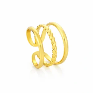 Anel Triplo dourado ajustável ao dedo, para mulher, em aço inoxidável polido dourado da marca Twobrothers.