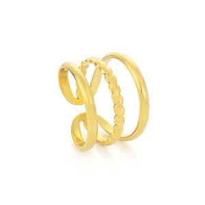 Anel Triplo dourado ajustável ao dedo, para mulher, em aço inoxidável polido dourado da marca Twobrothers.