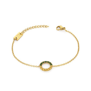 Pulseira para Mulher, em aço inoxidável antialérgico dourado com pedras brilhantes verdes, da marca Twobrothers.