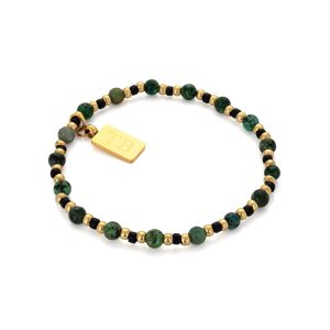 Pulseira Elástica, para mulher, ajustável ao pulso e em aço inoxidável antialérgico dourado e com pedras naturais verdes da marca Twobrothers.