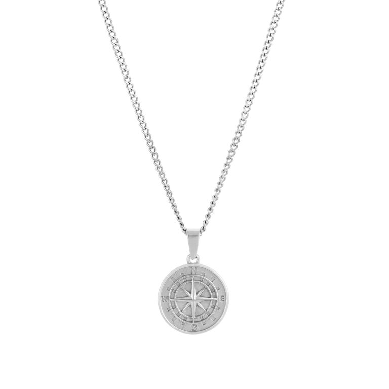 Colar Captain Compass, para homem, em aço inoxidável prateado da marca Twobrothers, com pendente em forma de bússola dourada.