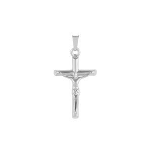 Pendente cruz Jesus Cristo Prateada, em aço inoxidável para colares.
