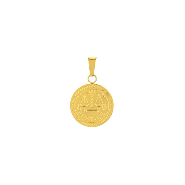 Pendente Medalha Justice Gold Dourada, em aço inoxidável para colares.