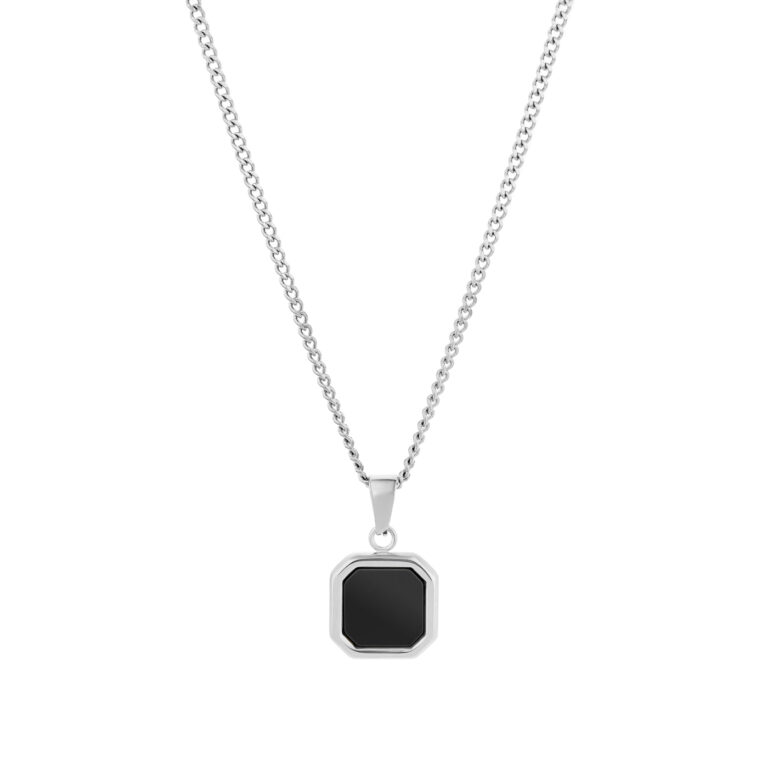 Colar homem prateado com pedra petra em aço inoxidável com medalha.