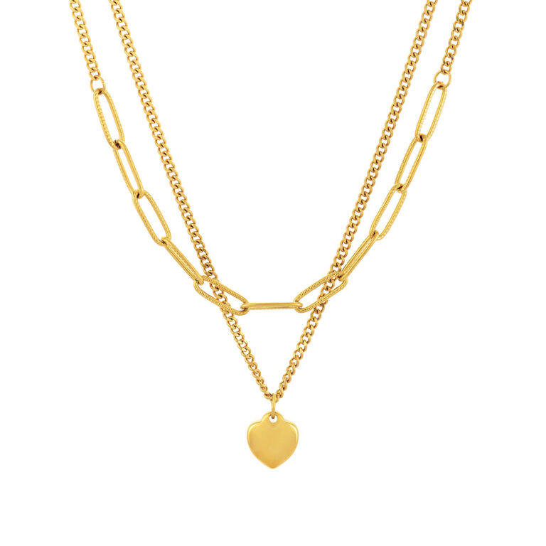colar mulher duplo dourado com pendente coração