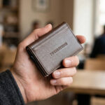 carteira porta cartões para homem em pele genuína de cor castanha.