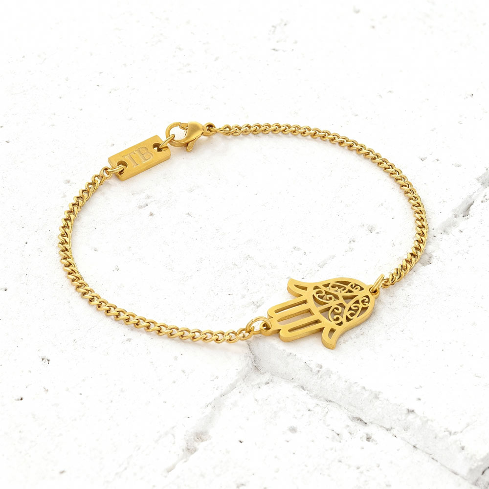 pulseira-mao-de-fatima-homem Pulseira para homem mão de Fátima em aço dourado.