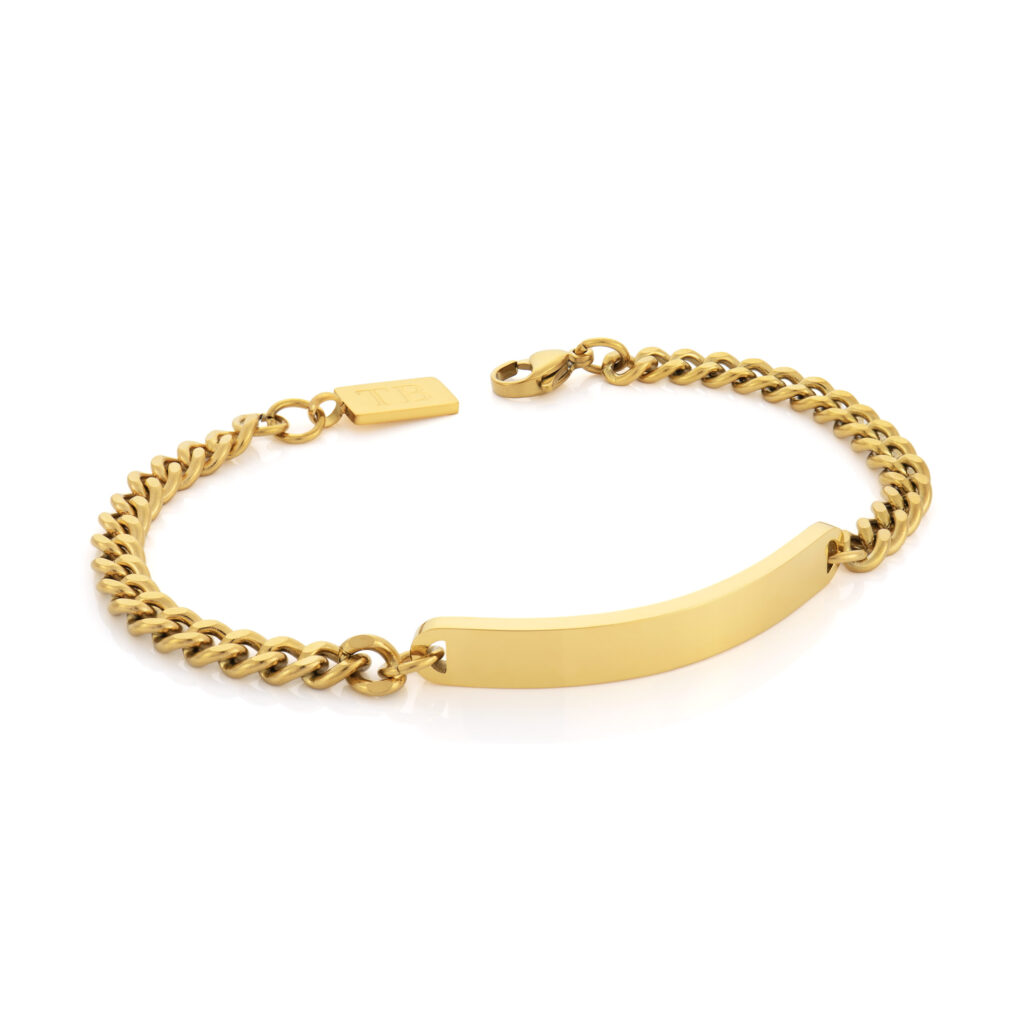 Pulseira Oxnard em aço inoxidável dourado da marca portuguesa Twobrothers. Pulseira Personalizada que permite gravação Personalizada no aço de Iniciais, nomes, frases e datas.