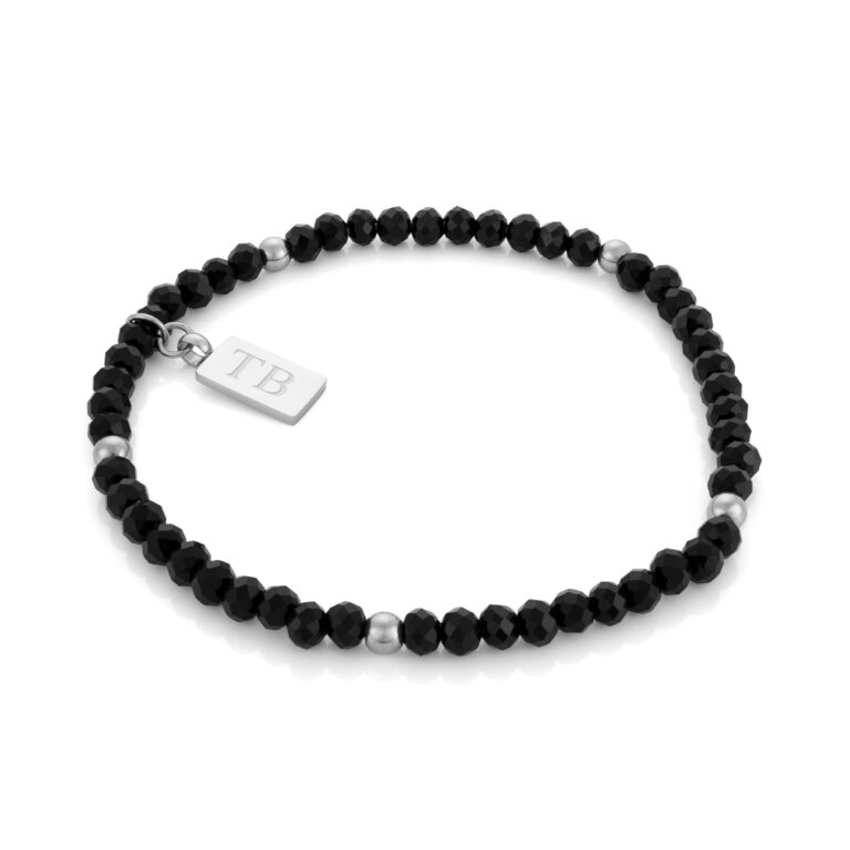 Pulseira Homem Prateada Brickel, elástica com pedras naturais pretas e aço inoxidável, ajustável ao pulso masculino da Twobrothers.