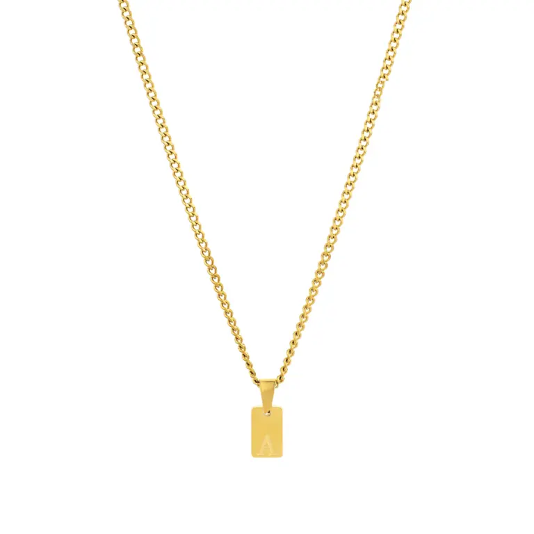 colar para mulher em aço inoxidavel dourado com medalha retangular inicial