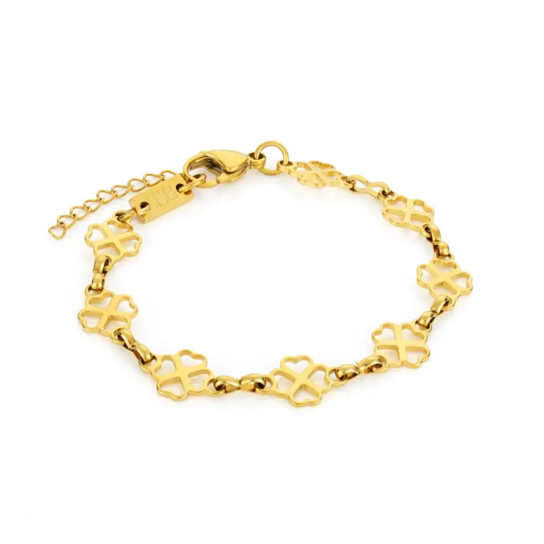pulseira para mulher em aço inoxidavel dourada com trevos