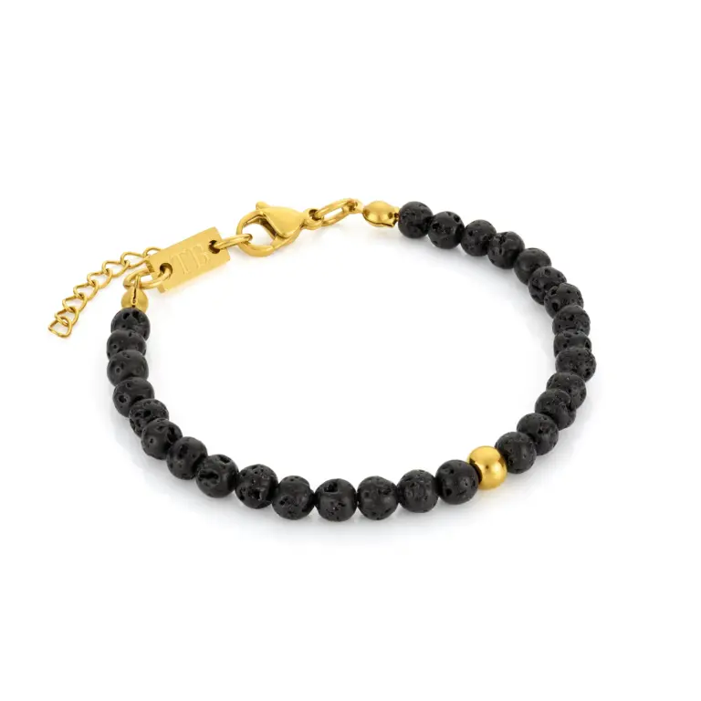 pulseira para mulher em ço inoxidavel dourada e pedras naturais vulcanicas Romy