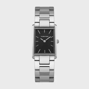 Relógio para homem, com mostrador retangular preto e bracelete em aço inoxidável com elos.